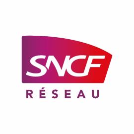 Logo de la SNCF Réseau avec des couleurs vives et le texte 'SNCF' en blanc sur fond rouge et violet.
