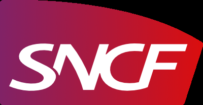 Logo de la SNCF avec un fond rouge et violet.